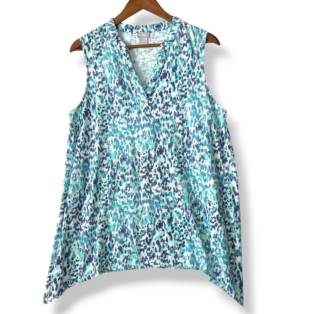 Chico's Tunic Tank Top 2 Large Blue Animal Print Sleeveless Sharkbite Hem Cotton